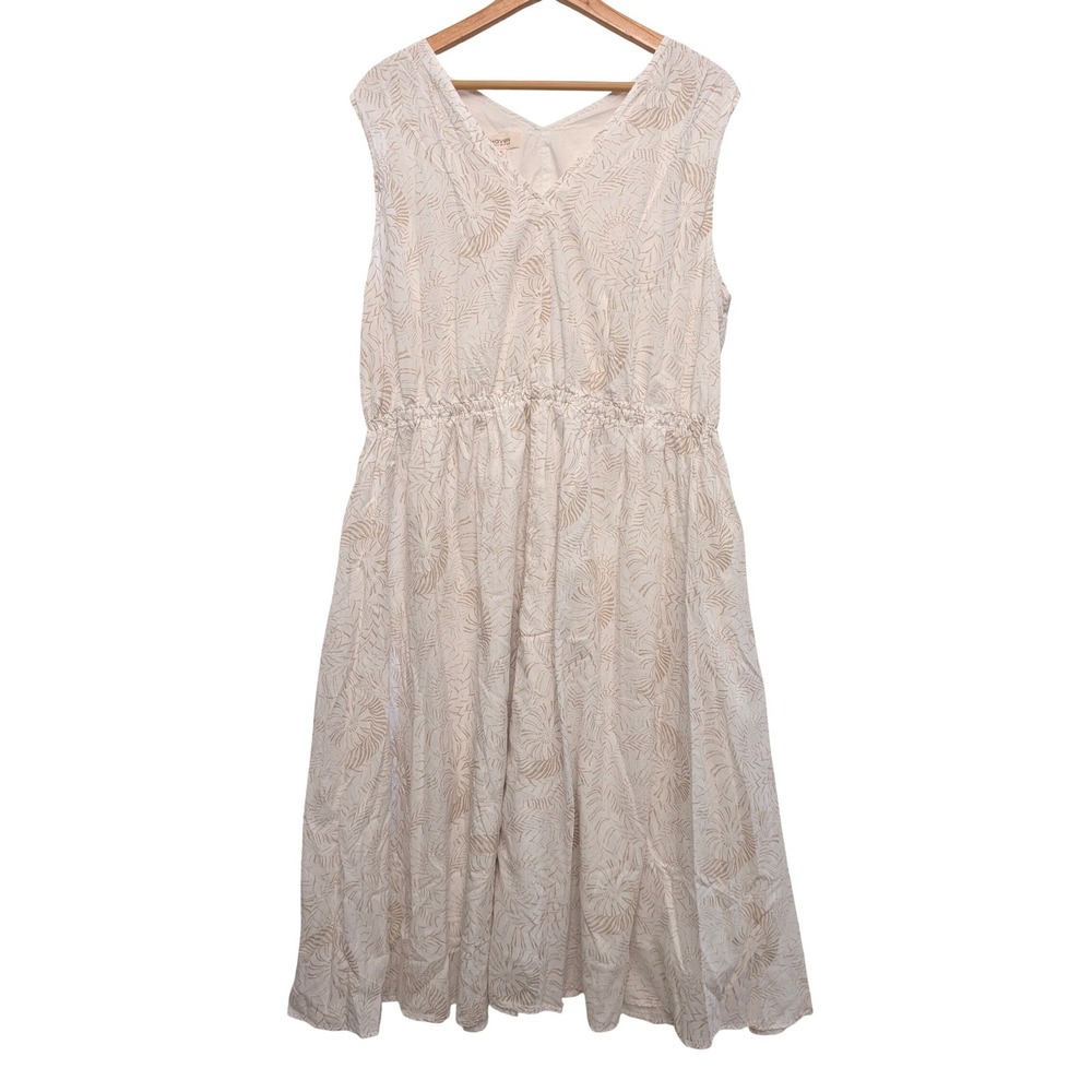 Haven Well Within Midi Dress Womens XL White Tan Palm Leaf Tencel Cotton Dress